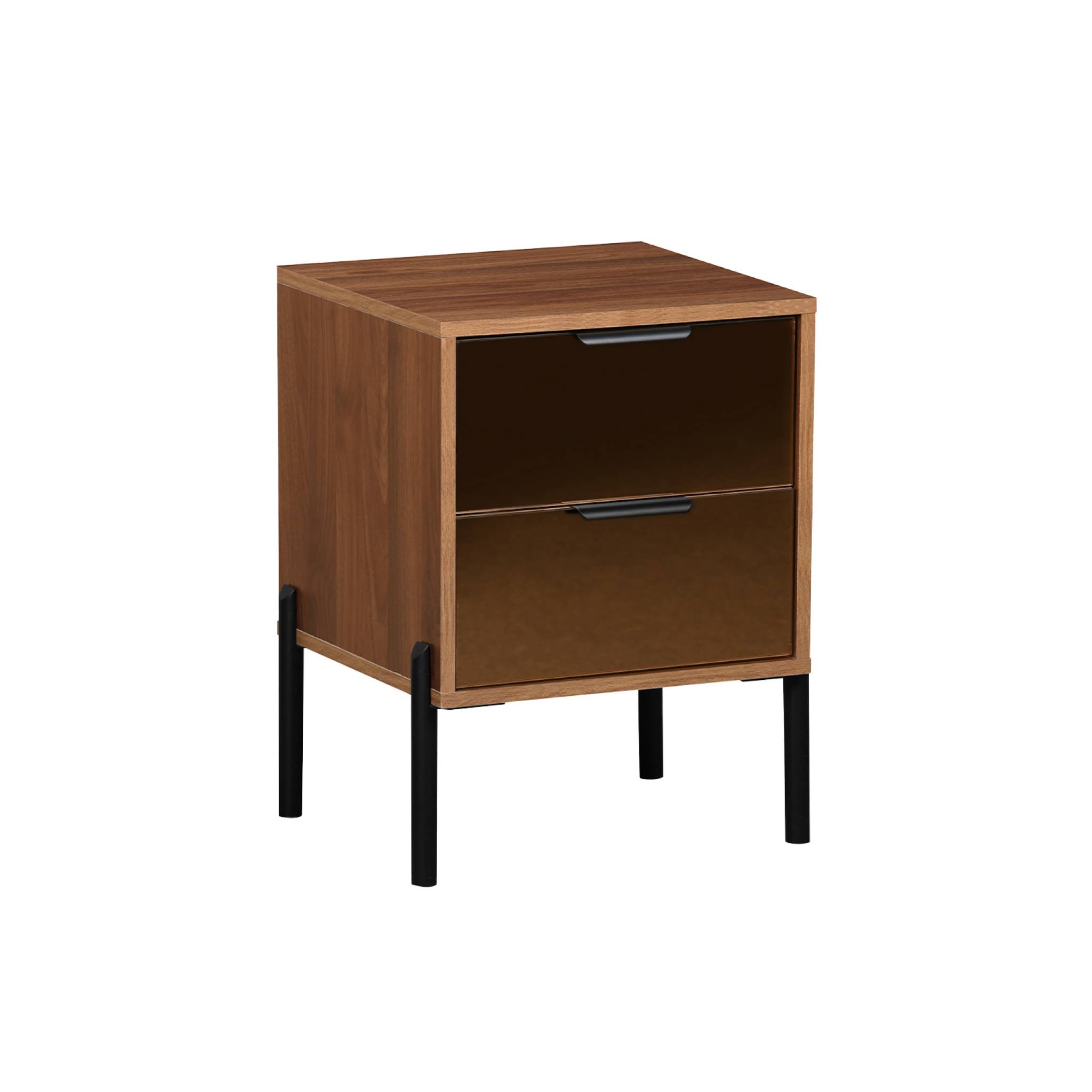 foto del prodotto comodino vintage a 2 cassetti con effetto legno, noce