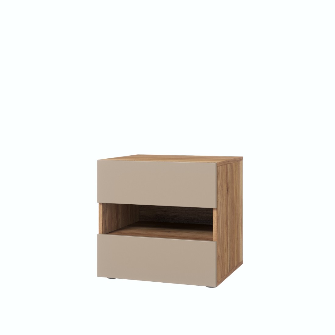 foto del prodotto comodino vox con 2 cassetti e uno scomparto, colore quercia e beige