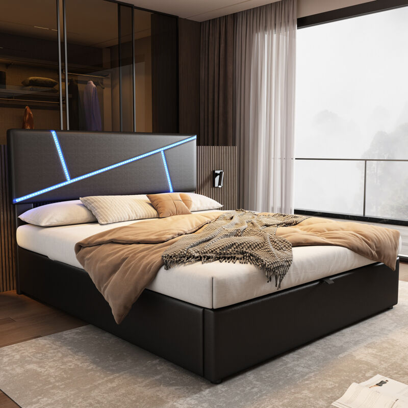 foto del prodotto comodo letto imbottito con strisce luminose a led, 140200 cm, letto matrimoniale con rete a doghe, schienale, letto funzionale idraulico, pelle