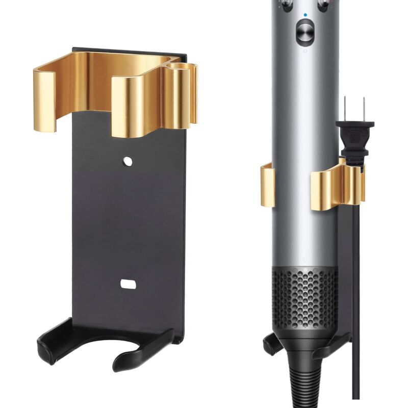foto del prodotto compatibile con, supporto da parete in metallo per ferro arricciacapelli, piastra per capelli, alluminio nero e oro 
