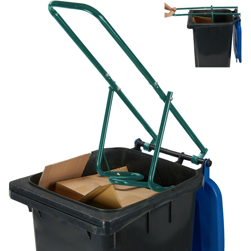 foto del prodotto compattatore rifiuti domestico, trash compactor, pressa bidone manuale, spazzatura plastica, acciaio, verde relaxdays