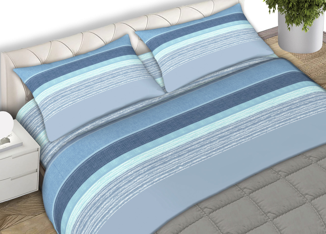 foto del prodotto completo lenzuola 100 cotone made italy fantasia rigata banded c.n matrimoniale azzurro