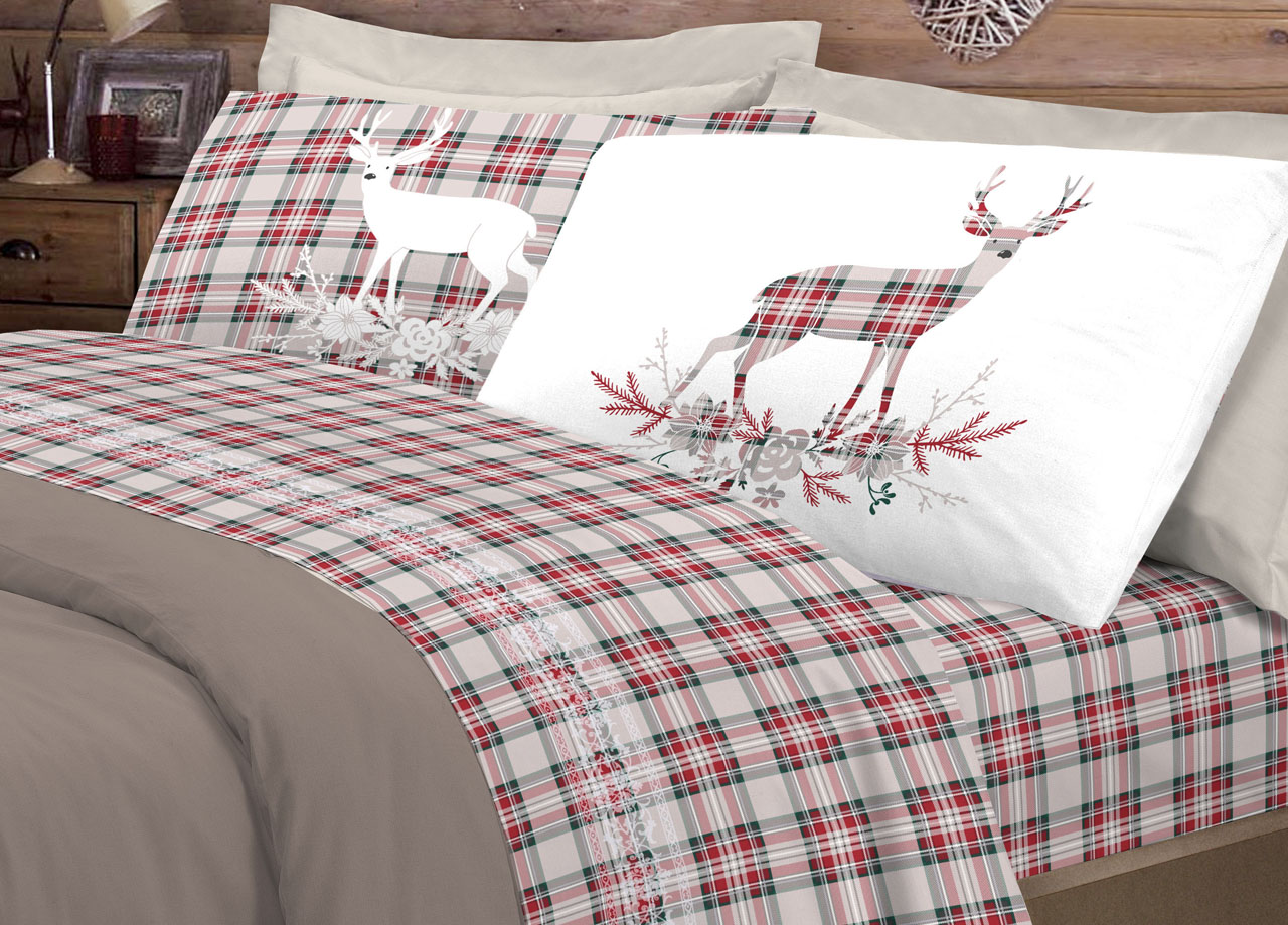 foto del prodotto completo lenzuola flanella pensieri delicati 100 cotone disegno cervo tartan matrimoniale rosso