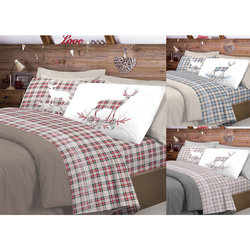 foto del prodotto completo lenzuola flanella pensieri delicati 100 cotone disegno cervo tartan, misuramatrimonialecolorerosso
