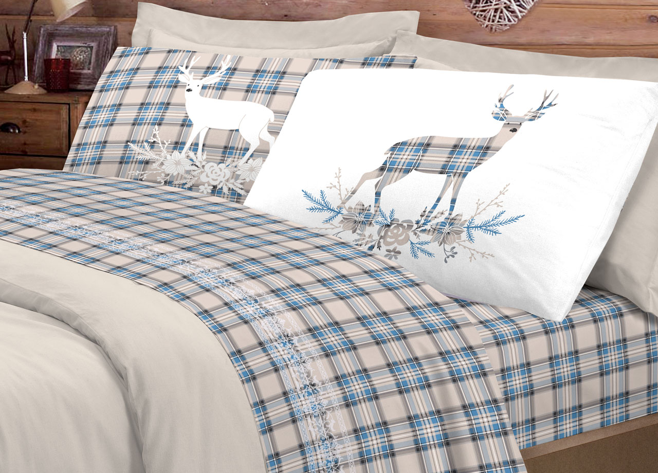 foto del prodotto completo lenzuola flanella pensieri delicati 100 cotone disegno cervo tartan piazza e mezza azzurro