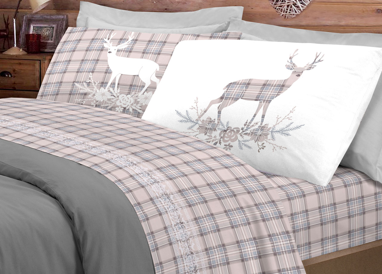 foto del prodotto completo lenzuola flanella pensieri delicati 100 cotone disegno cervo tartan singolo beige