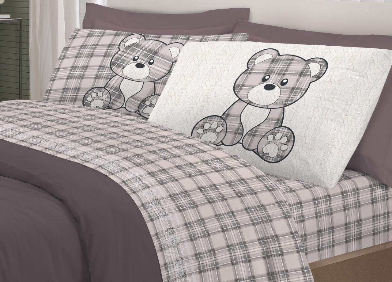 foto del prodotto completo lenzuola flanella pensieri delicati 100 cotone disegno orsetto tartan matrimoniale grigio