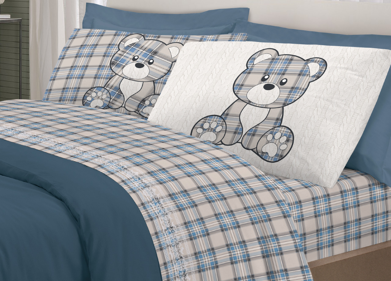 foto del prodotto completo lenzuola flanella pensieri delicati 100 cotone disegno orsetto tartan singolo azzurro