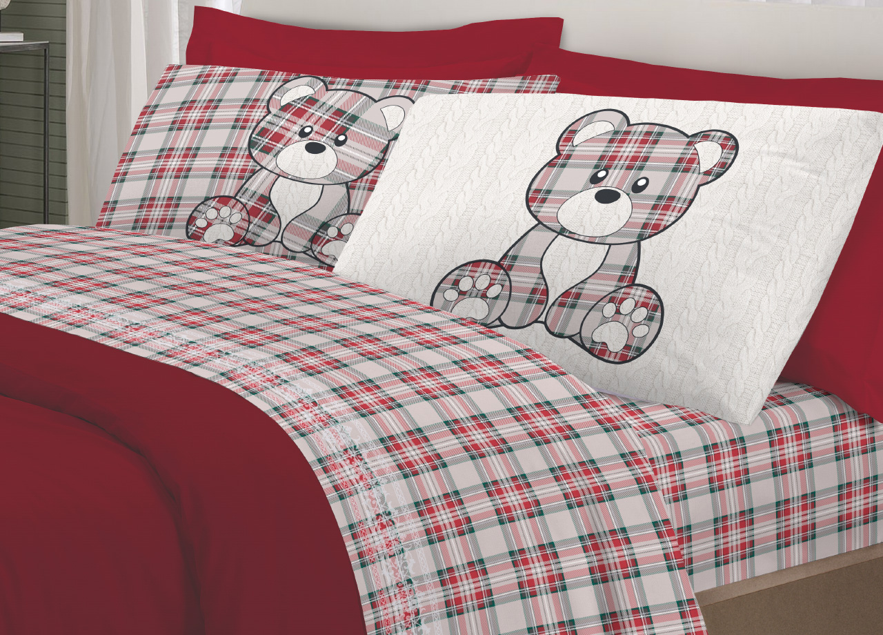 foto del prodotto completo lenzuola flanella pensieri delicati 100 cotone disegno orsetto tartan singolo rosso