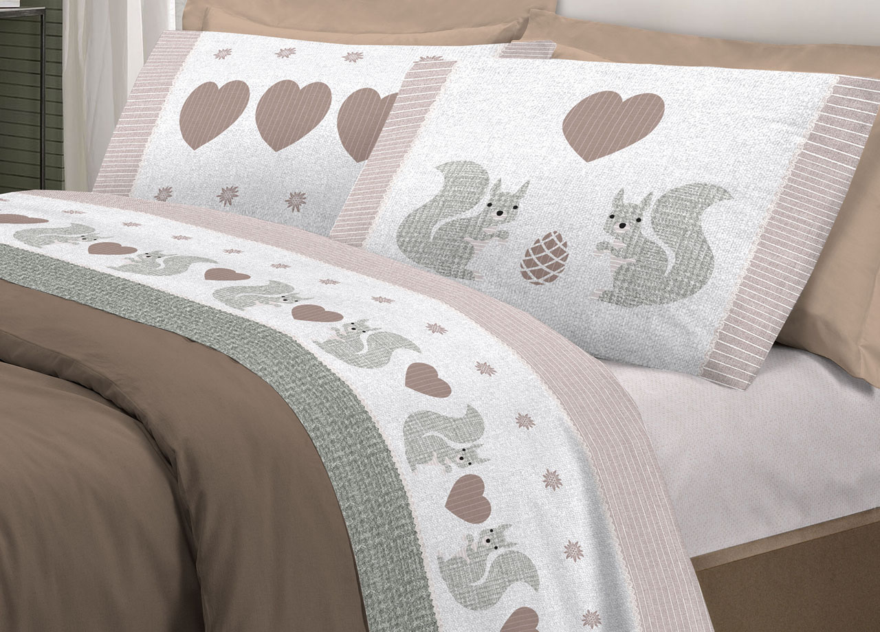 foto del prodotto completo lenzuola flanella pensieri delicati 100 cotone disegno scoiattolo matrimoniale beige