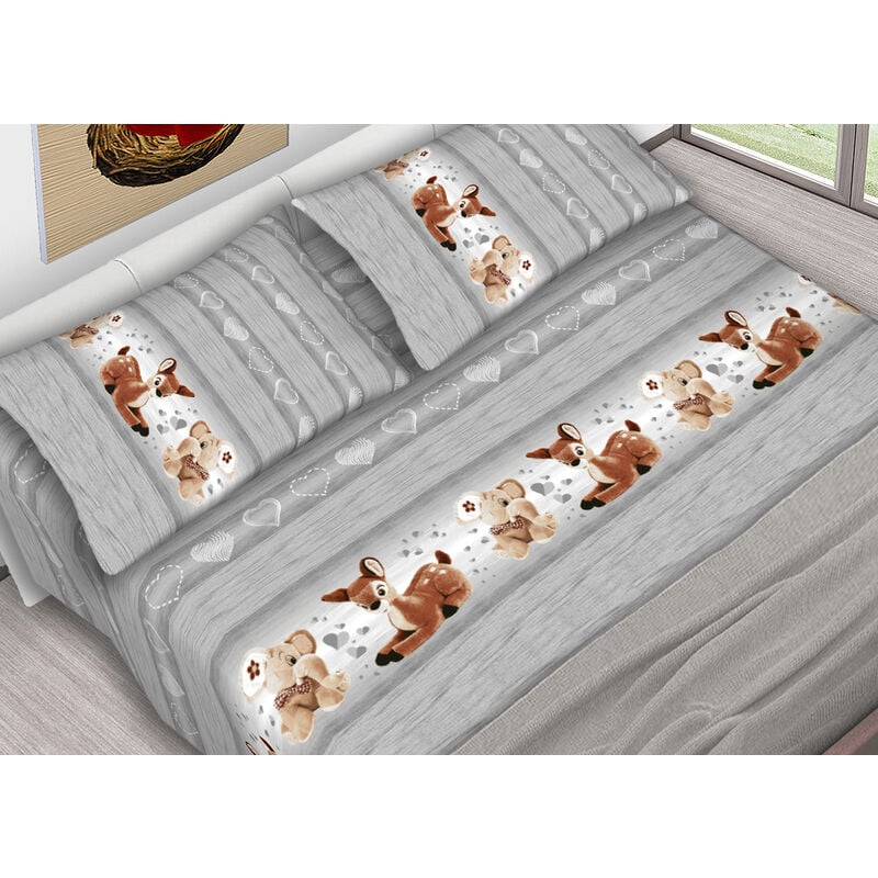 foto del prodotto completo lenzuola in 100 cotone dis. peluches colore grigio c.n., misurasingolocoloregrigio