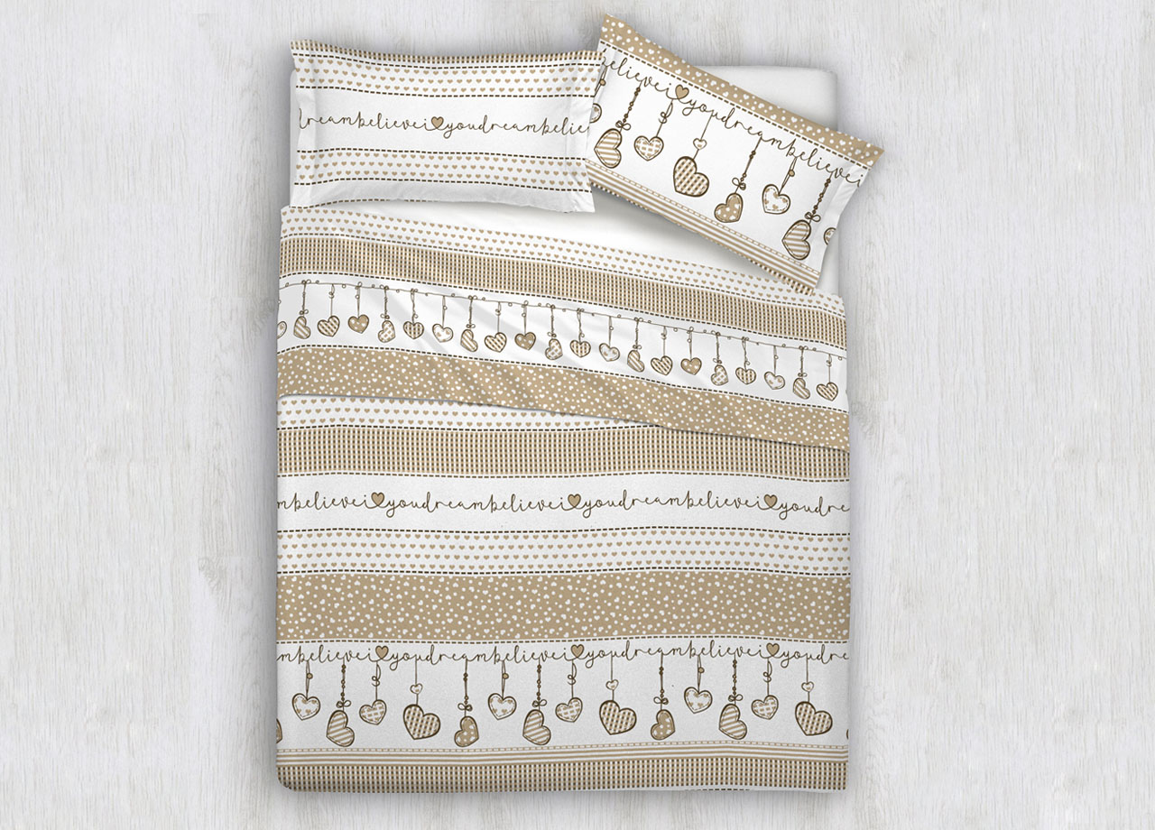 foto del prodotto completo lenzuola in 100 cotone disegni natalizi invernali renne cuori ob matrimoniale dream beige