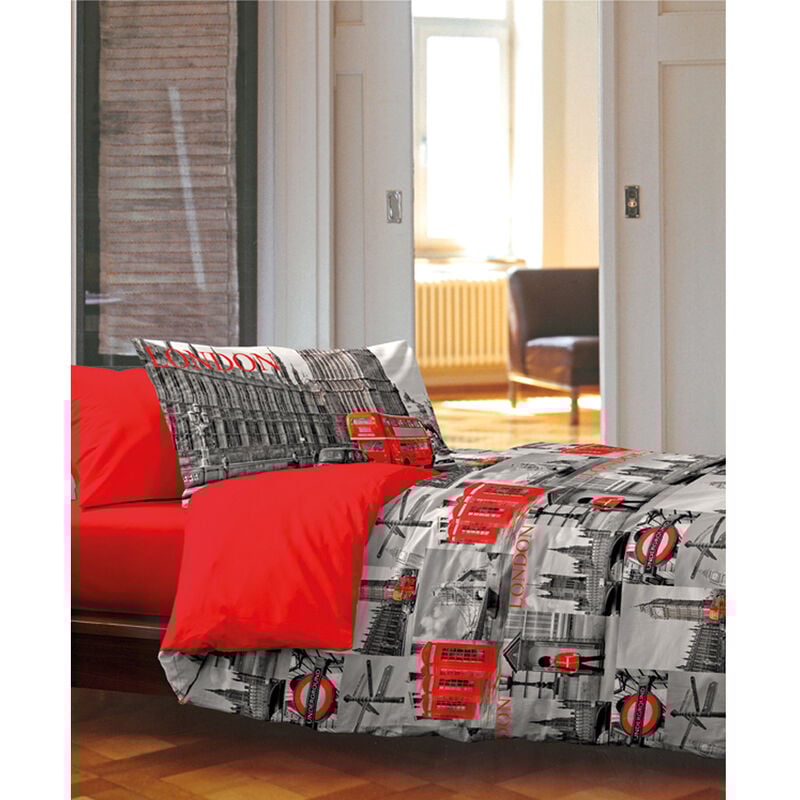 foto del prodotto completo lenzuola in 100 cotone disegno city new york londra mod ob, misurasingolocolorelondra