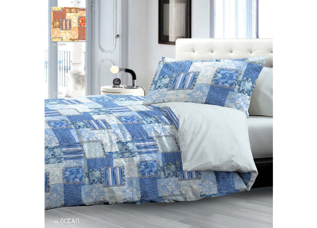 foto del prodotto completo lenzuola in 100 cotone disegno ocean modello ob matrimoniale blu