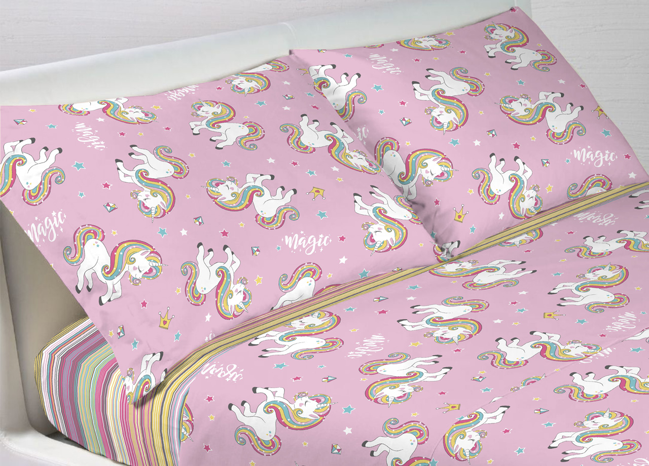 foto del prodotto completo lenzuola in 100 cotone disegno unicorno francese unicorno