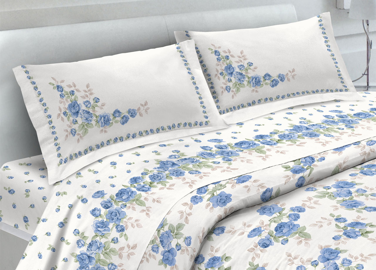 foto del prodotto completo lenzuola in 100 cotone fantasia cloe matrimoniale azzurro