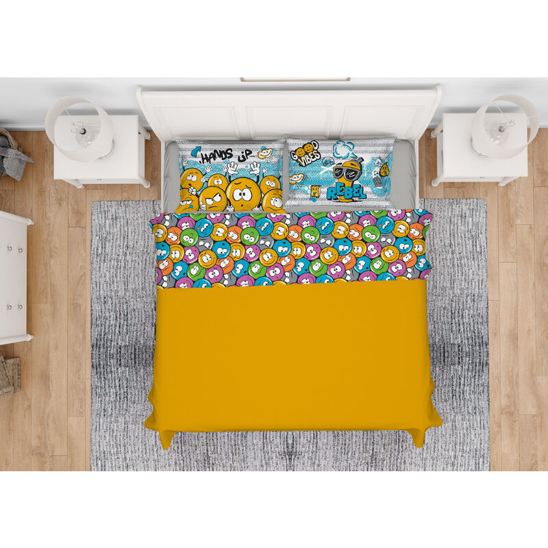foto del prodotto completo lenzuola in 100 cotone made italy disegno emoji, misurasingolocoloreemoji