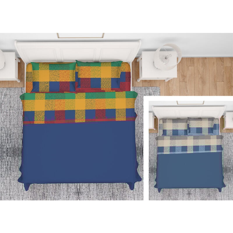foto del prodotto completo lenzuola in 100 cotone made italy disegno scotland, misurafrancesecoloreazzurro