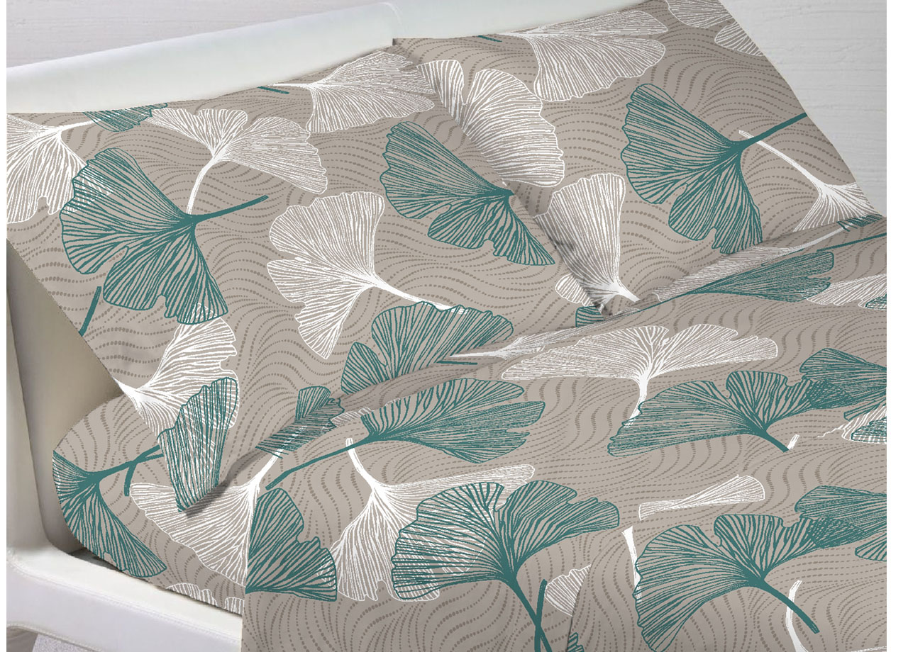 foto del prodotto completo lenzuola in 100 cotone made italy moderno disegno ginko maxi verde