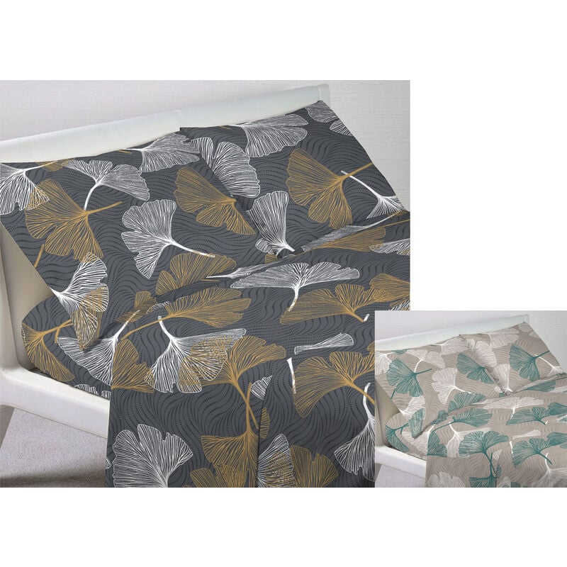 foto del prodotto completo lenzuola in 100 cotone made italy moderno disegno ginko, misurasingolocoloreverde