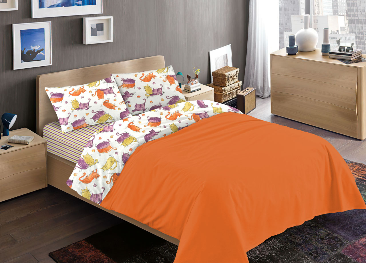 foto del prodotto completo lenzuola letto 100 cotone disegno gatti animali micio colorato mod rp made in italy 2 piazze arancio