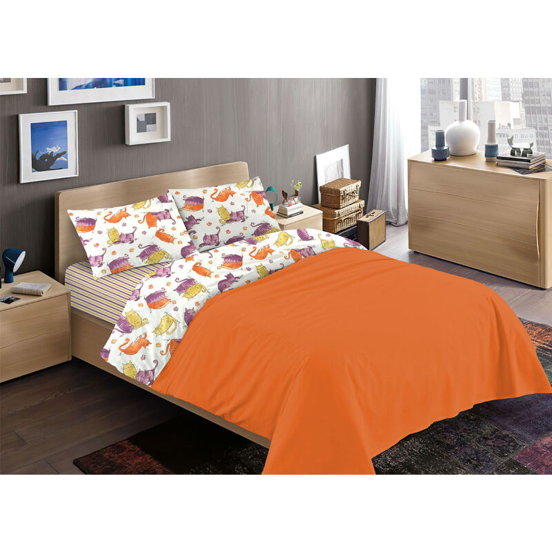 foto del prodotto completo lenzuola letto 100 cotone disegno gatti animali micio colorato mod rp made in italy, misura2 piazzecoloreblu