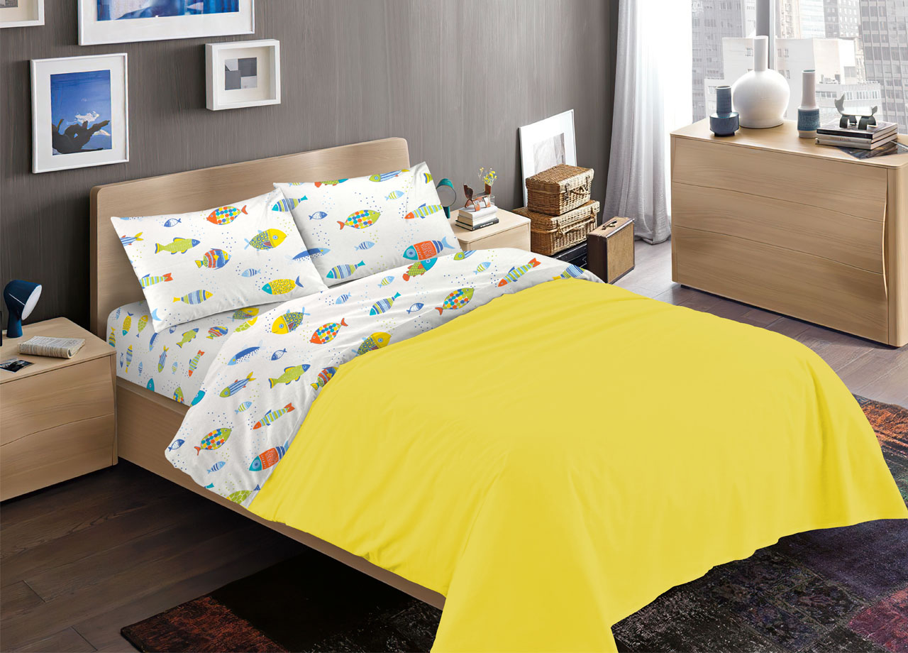 foto del prodotto completo lenzuola letto 100 cotone disegno pesciolini colorati rp made in italy fantasia marina estiva 2 piazze pesciolini