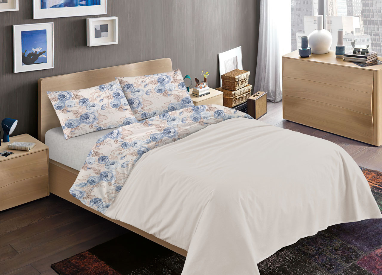 foto del prodotto completo lenzuola letto 100 cotone disegno rose floreale fiori romantico mod rp made in italy 1 piazza blu