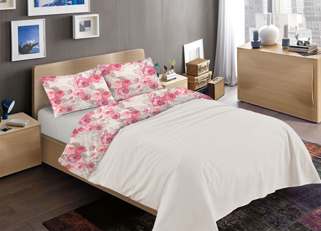 foto del prodotto completo lenzuola letto 100 cotone disegno rose floreale fiori romantico mod rp made in italy 1 piazza rosa