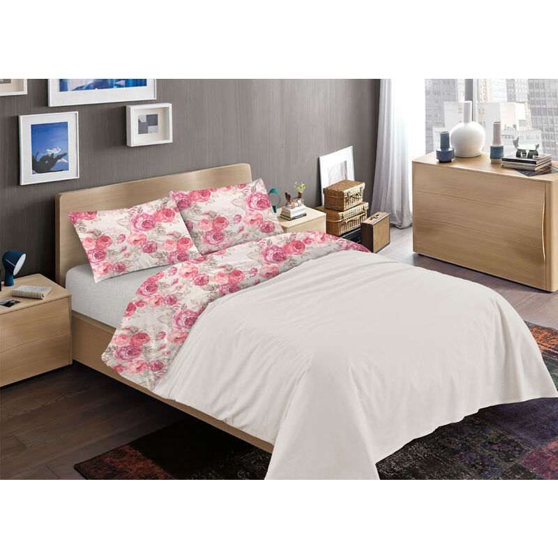 foto del prodotto completo lenzuola letto 100 cotone disegno rose floreale fiori romantico mod rp made in italy, misura1 piazzacoloreblu