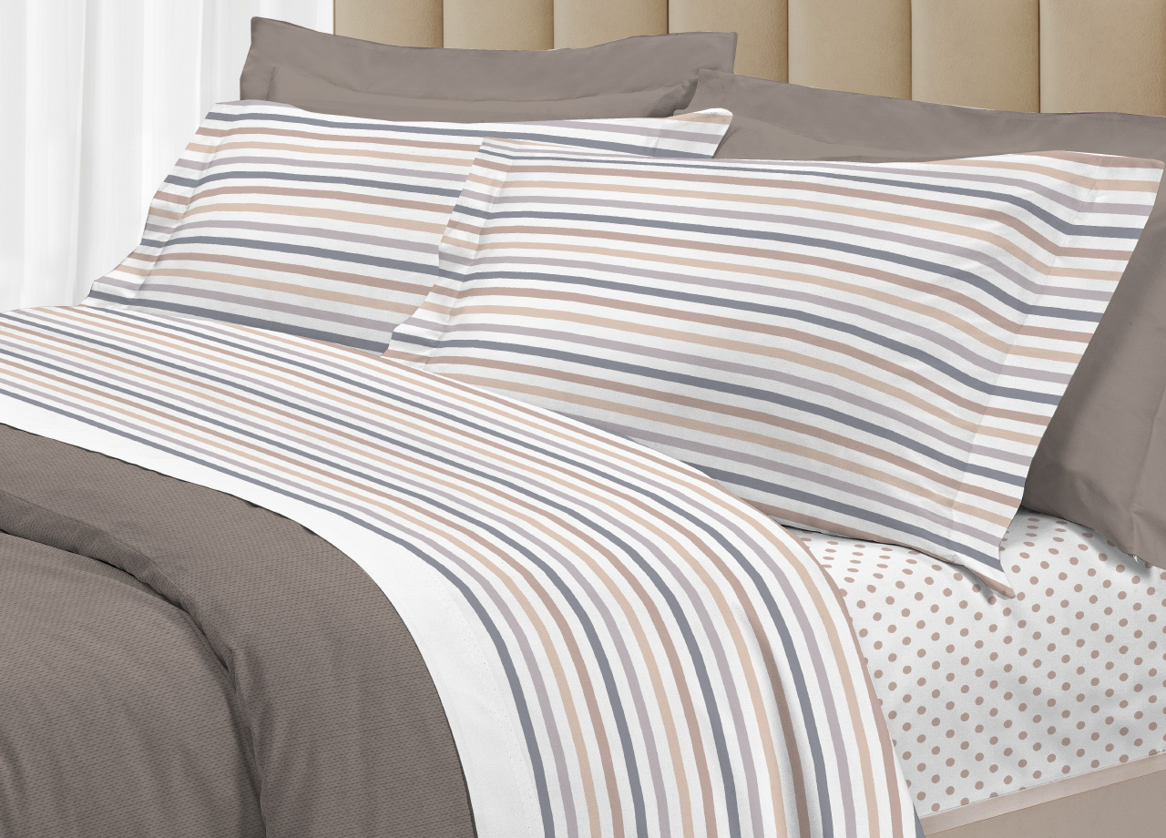 foto del prodotto completo lenzuola letto 100 cotone italy 3027 disegno riga dots matrimoniale beige