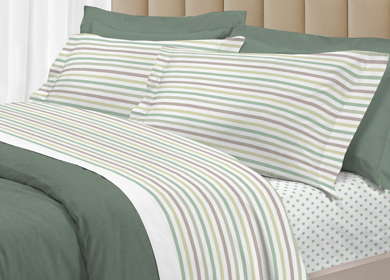 foto del prodotto completo lenzuola letto 100 cotone italy 3027 disegno riga dots matrimoniale verde
