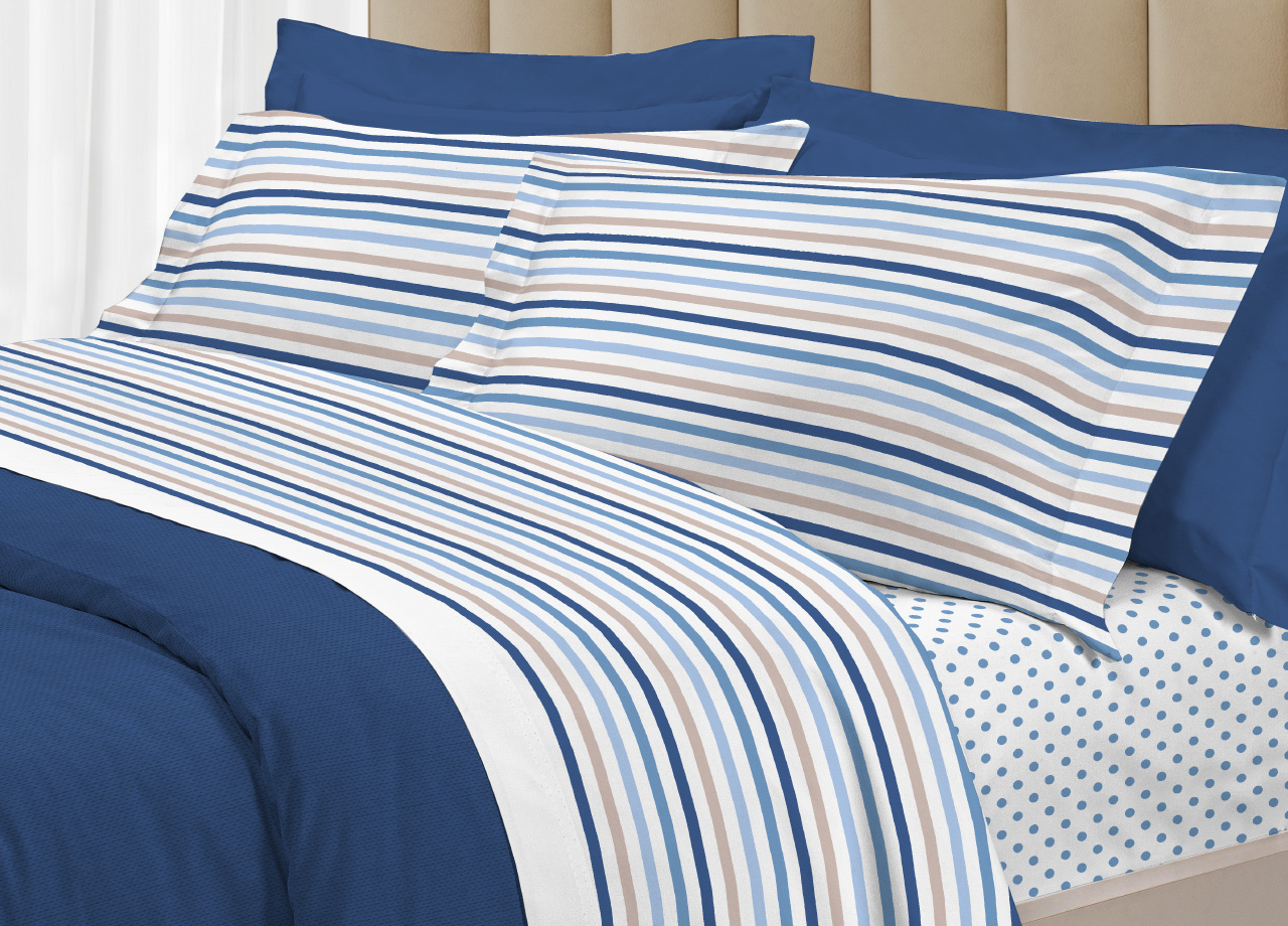 foto del prodotto completo lenzuola letto 100 cotone italy 3027 disegno riga dots singolo blu