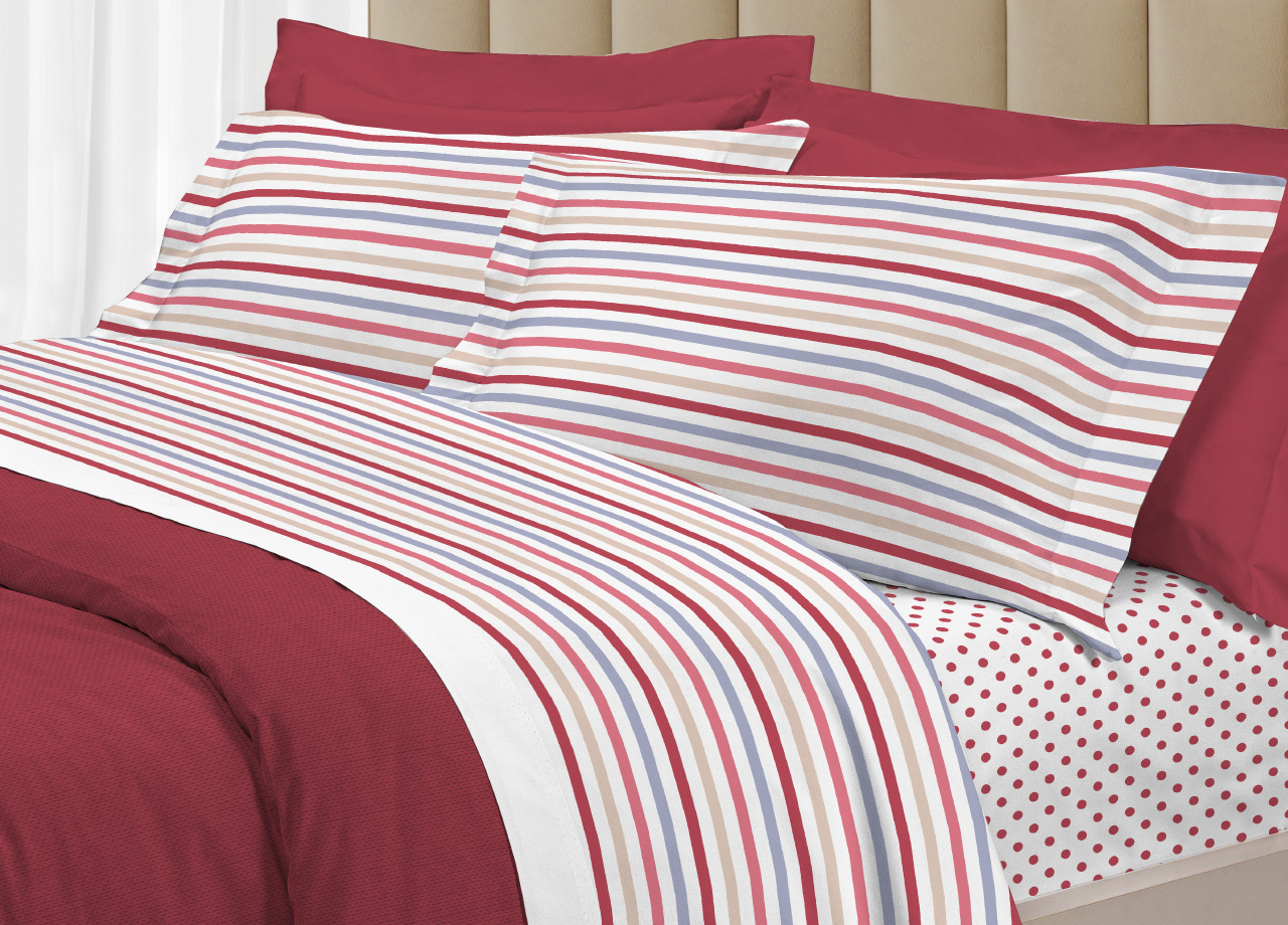 foto del prodotto completo lenzuola letto 100 cotone italy 3027 disegno riga dots singolo rosso
