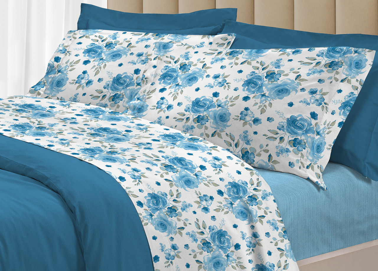 foto del prodotto completo lenzuola letto 100 cotone italy 3027 disegno rosa singolo azzurro