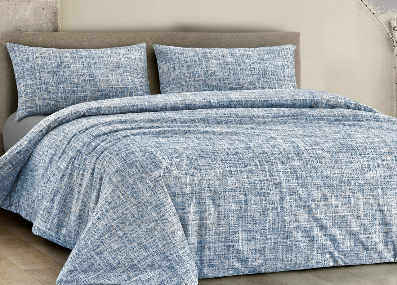 foto del prodotto completo lenzuola letto 100 cotone made in italy disegno canva piazza e mezza blu