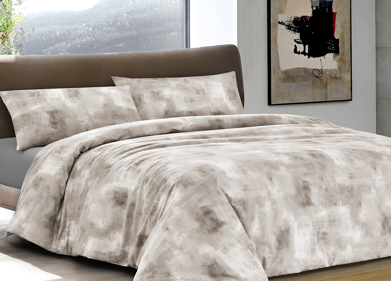 foto del prodotto completo lenzuola letto 100 cotone made in italy disegno nebula matrimoniale beige