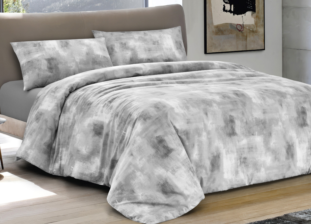 foto del prodotto completo lenzuola letto 100 cotone made in italy disegno nebula matrimoniale grigio