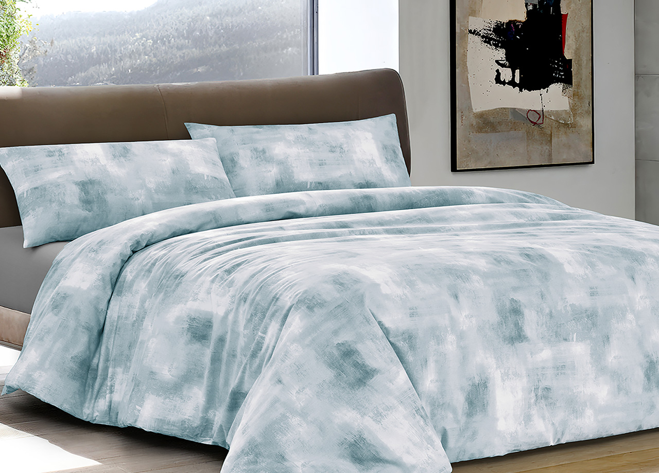 foto del prodotto completo lenzuola letto 100 cotone made in italy disegno nebula piazza e mezza azzurro