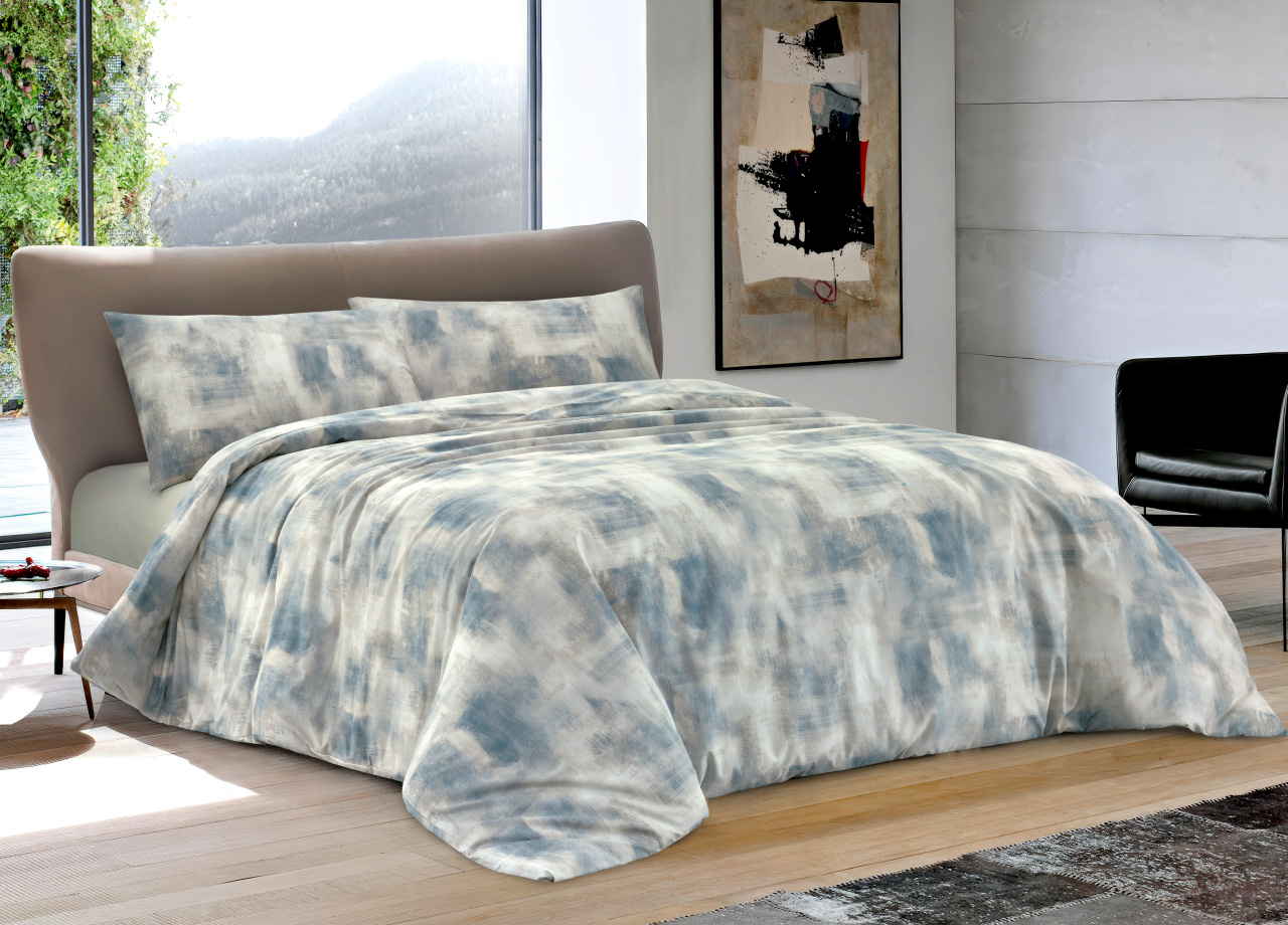 foto del prodotto completo lenzuola letto 100 cotone made in italy disegno nebula - singolo - ottanio