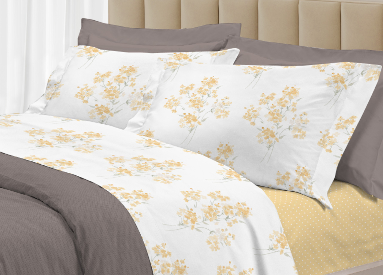 foto del prodotto completo lenzuola letto 100 cotone made italy 3027 disegno primavera matrimoniale giallo