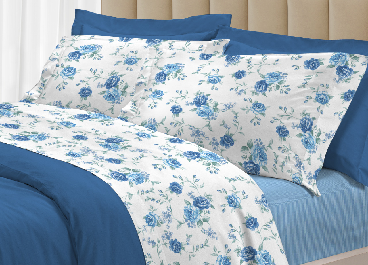 foto del prodotto completo lenzuola letto 100 cotone made italy 3027 disegno sanderson piazza e mezza azzurro