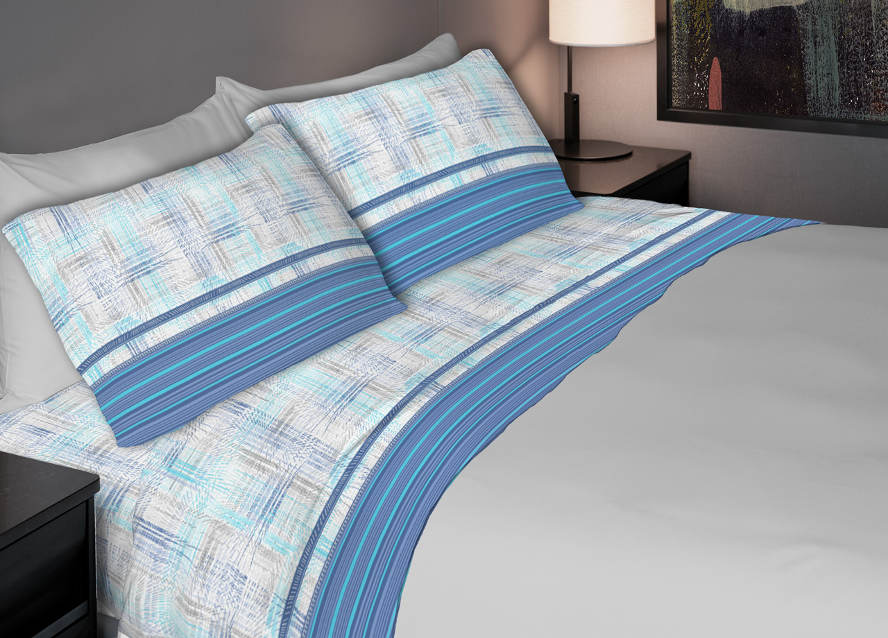 foto del prodotto completo lenzuola letto 100 cotone made italy disegno astra cn piazza e mezza azzurro