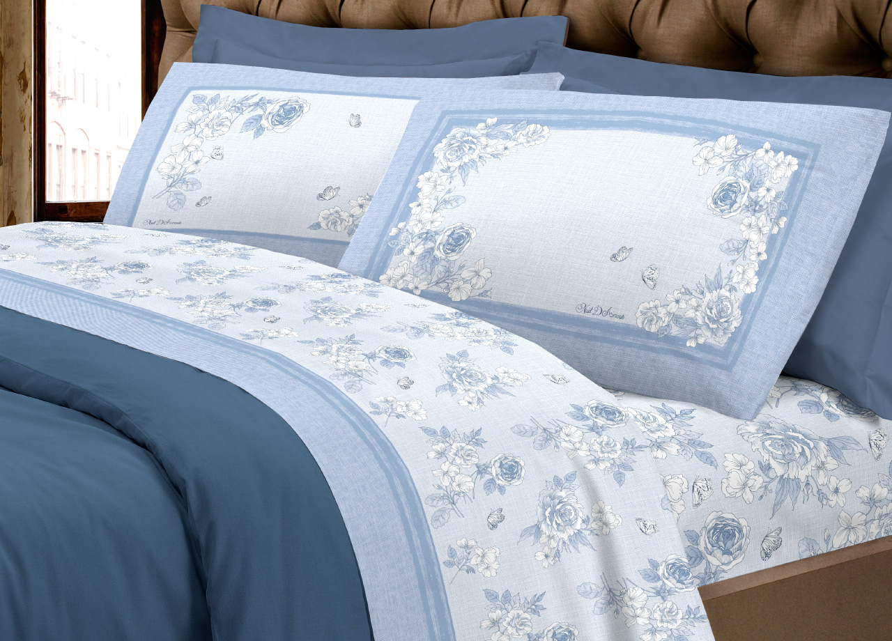 foto del prodotto completo lenzuola letto calda flanella 100 cotone disegno praga matrimoniale azzurro
