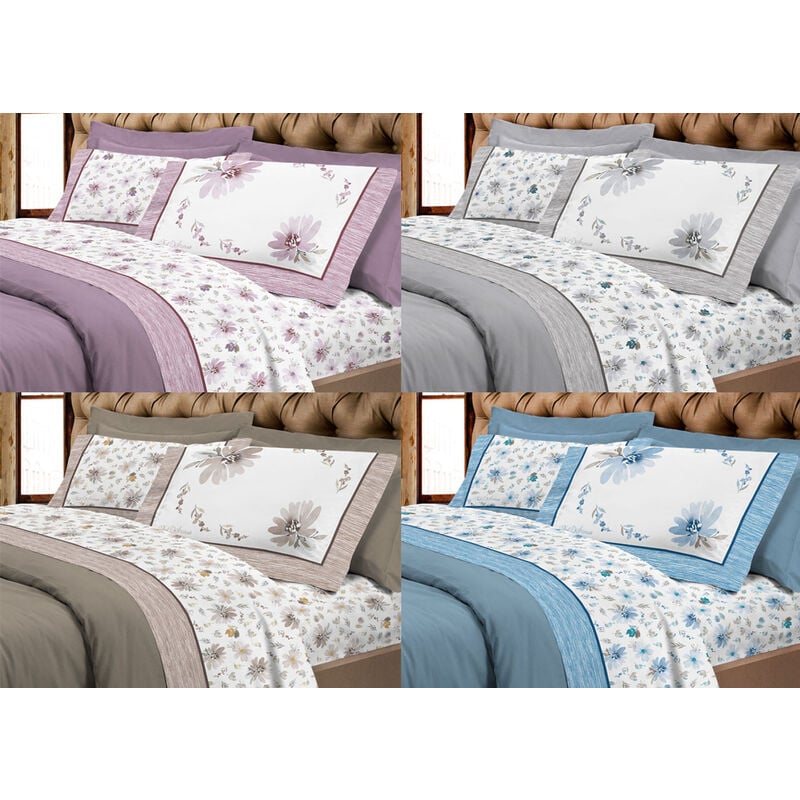 foto del prodotto completo lenzuola letto flanella calda 100 cotone disegno fiori 8284, misuramatrimonialecoloreazzurro