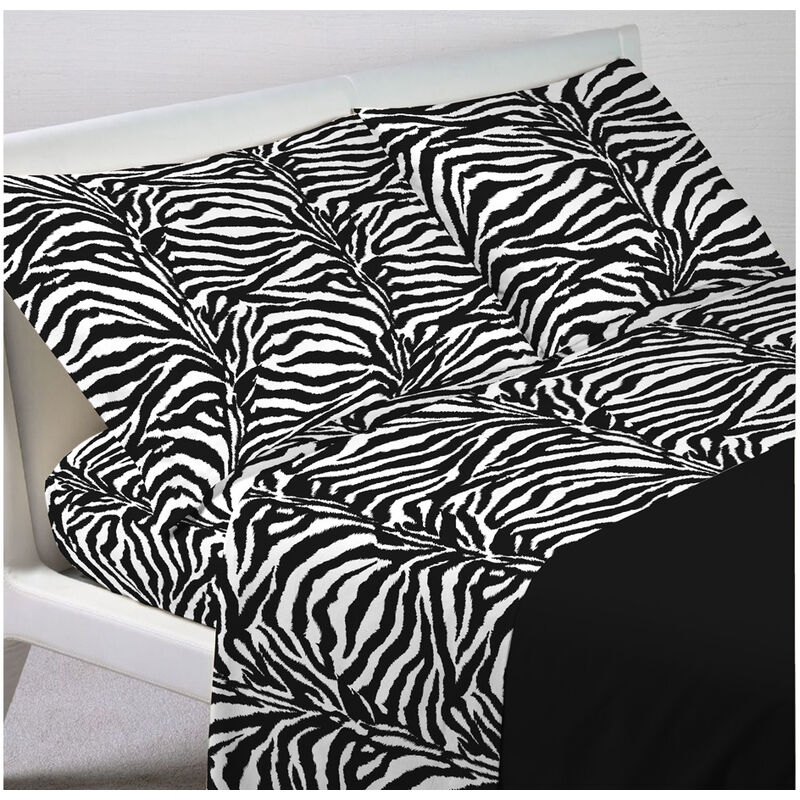 foto del prodotto completo lenzuola letto in 100 cotone disegno animalier zebrato, misurasingolocolorezebrato