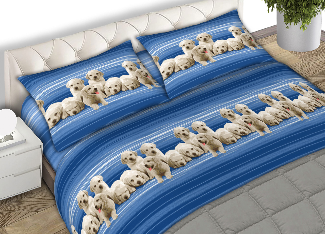 foto del prodotto completo lenzuola letto in 100 cotone made in italy vari disegni c.n 1 piazza labrador blu