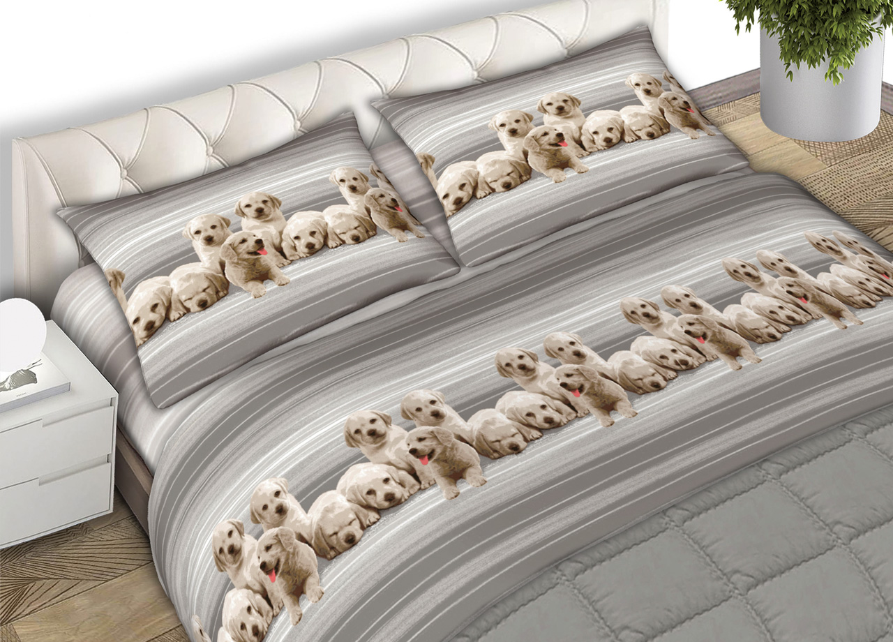 foto del prodotto completo lenzuola letto in 100 cotone made in italy vari disegni c.n 1 piazza labrador grigio