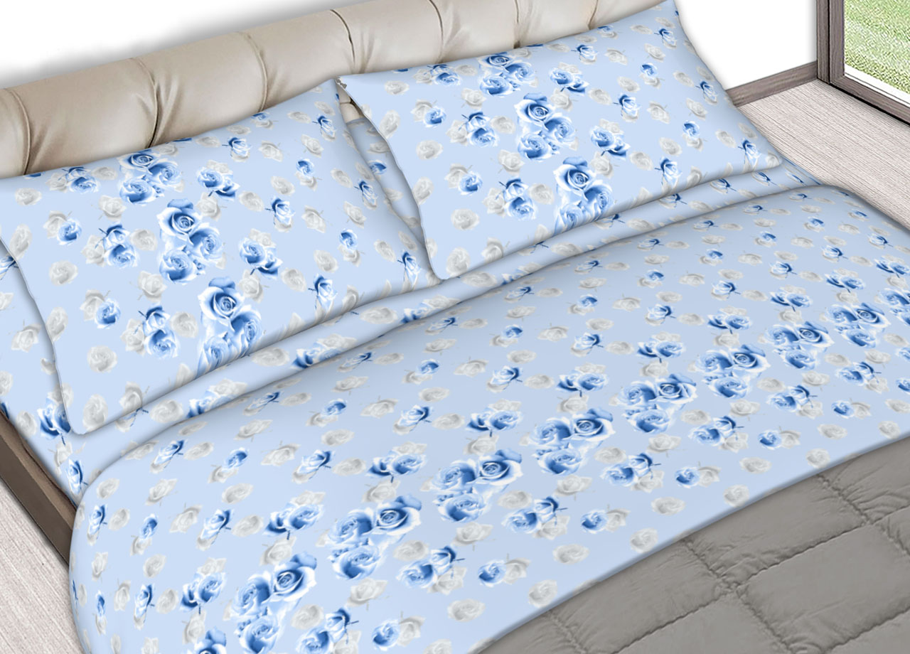 foto del prodotto completo lenzuola letto in 100 cotone made in italy vari disegni c.n 1 piazza rose azzurro
