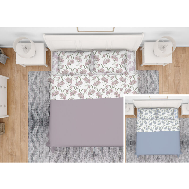 foto del prodotto completo lenzuola letto in 100 cotone made italy disegno magnolia, misurasingolocoloreazzurro
